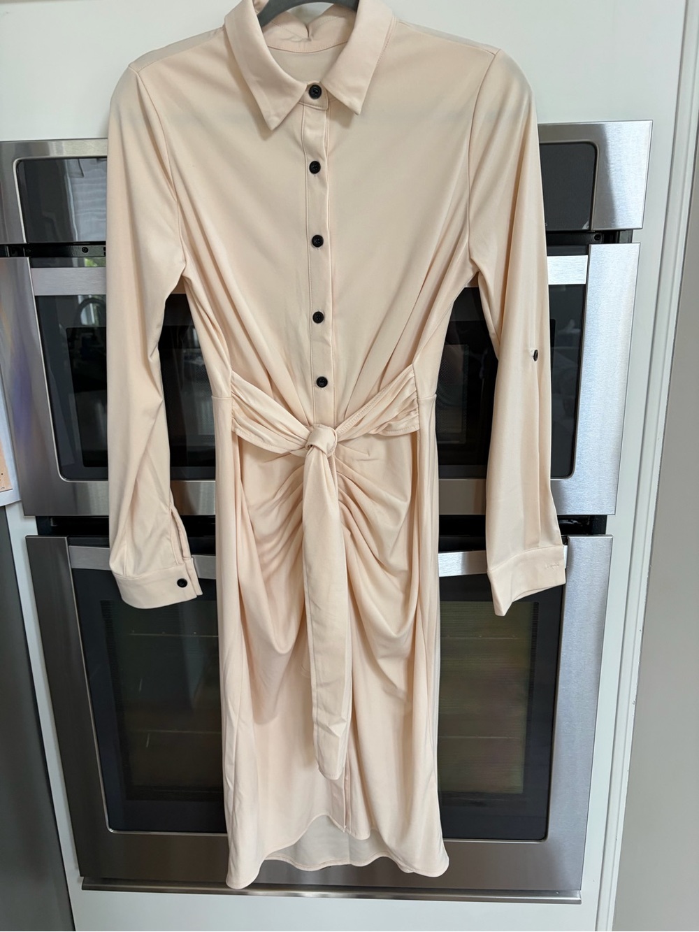 Cream Button-Front Tie-Waist Shirt Dress
